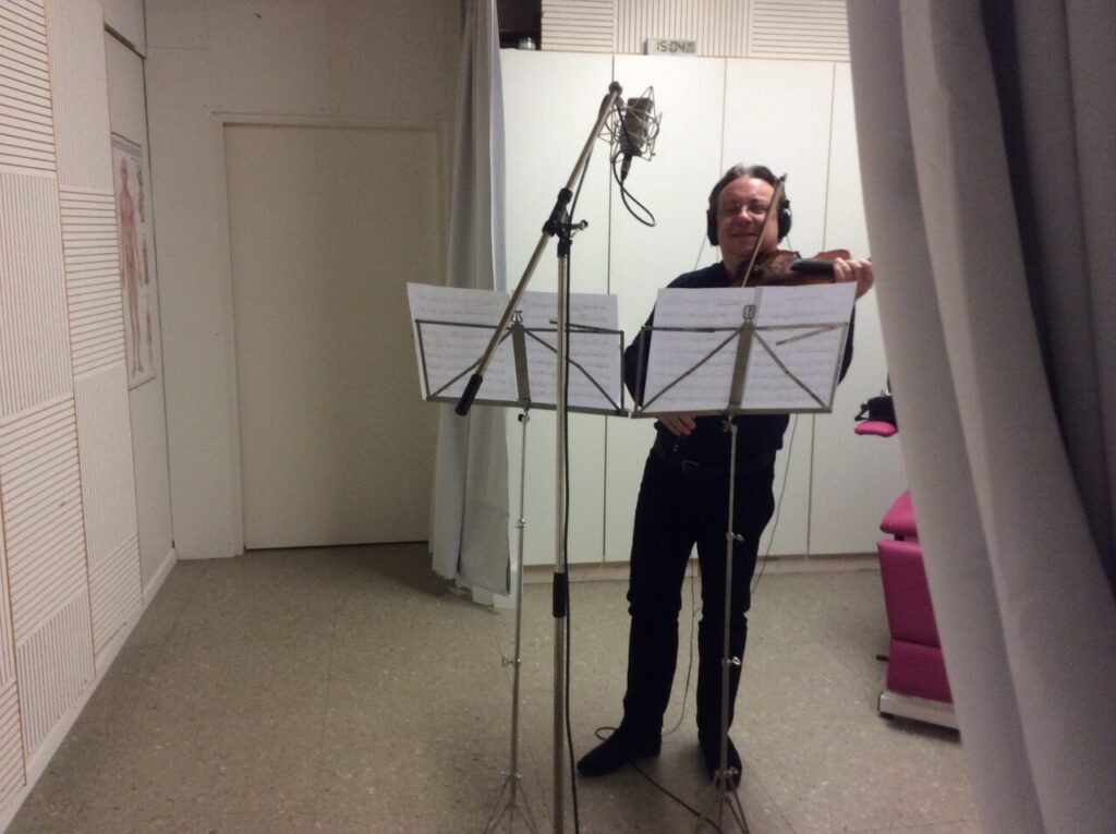 Adam Taubitz during violin recording